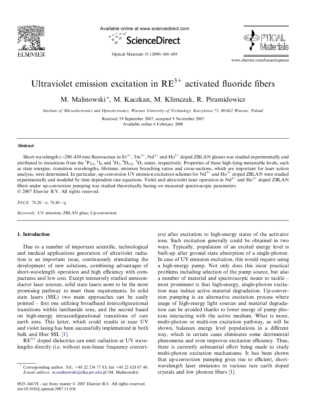 Ultraviolet emission excitation in RE3+ activated fluoride fibers