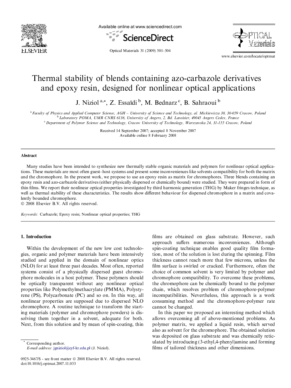 Thermal stability of blends containing azo-carbazole derivatives and epoxy resin, designed for nonlinear optical applications