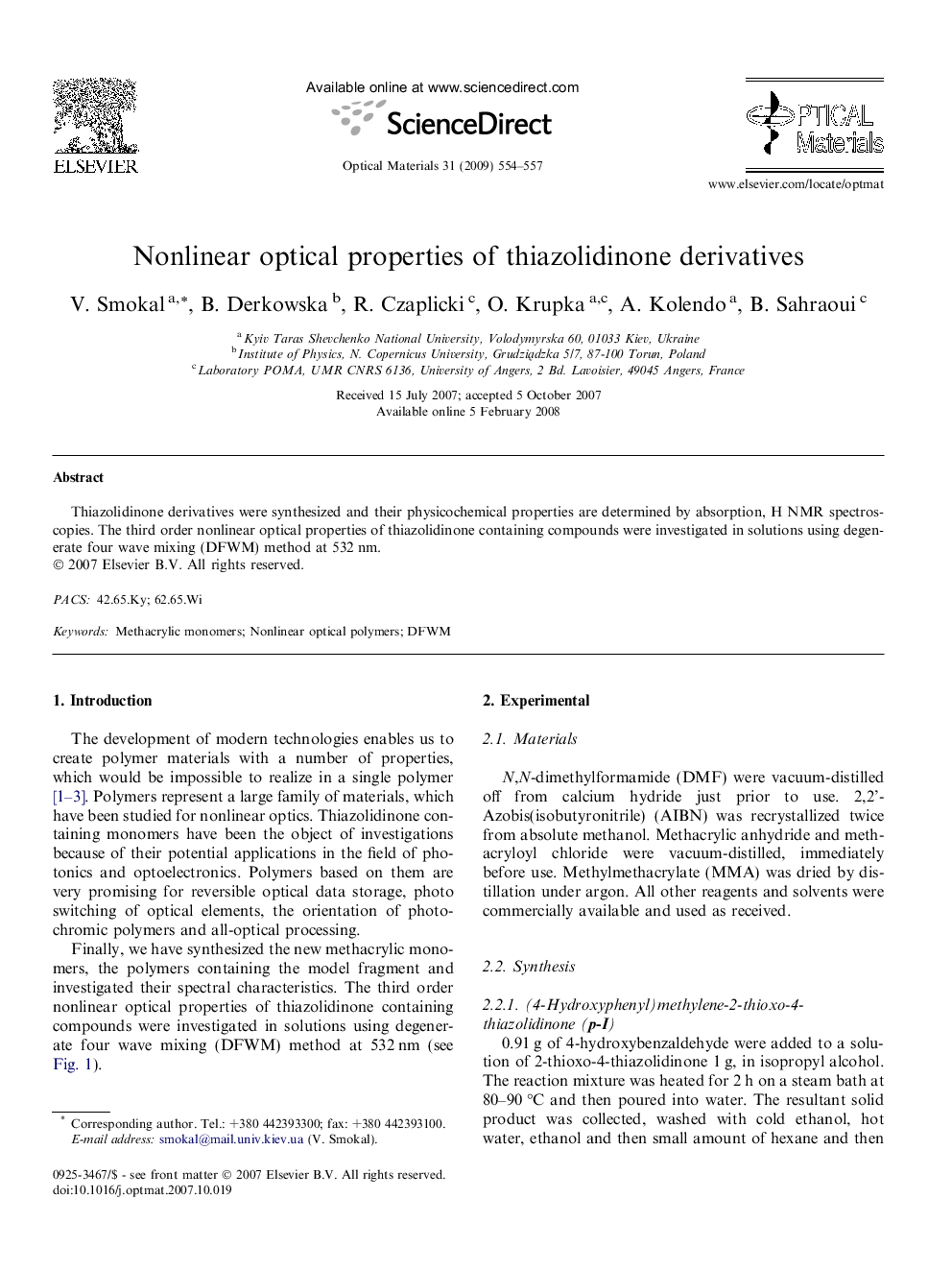 Nonlinear optical properties of thiazolidinone derivatives