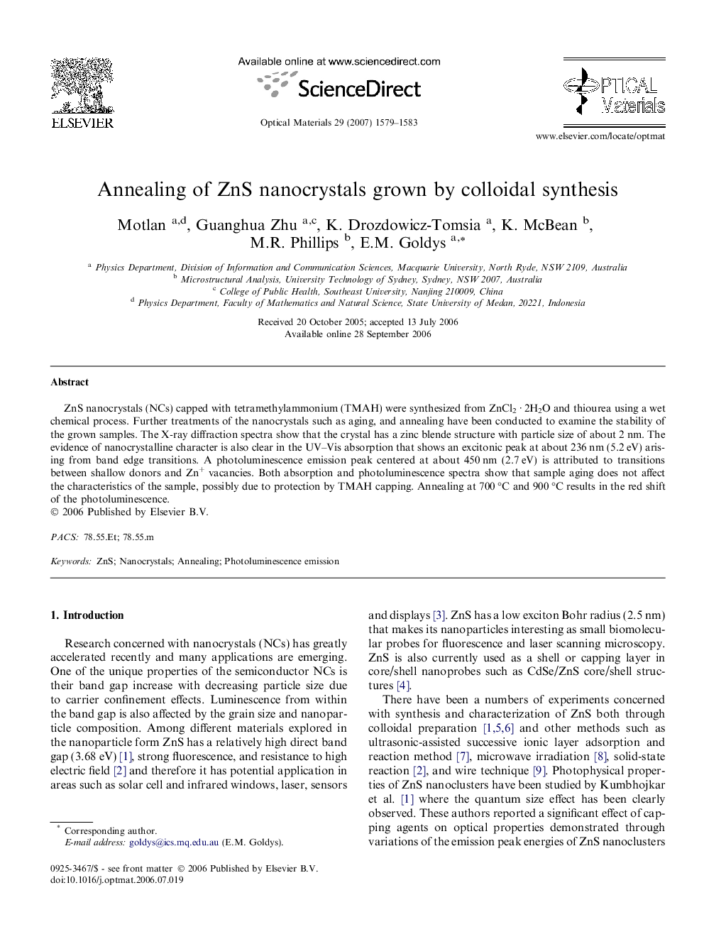 Annealing of ZnS nanocrystals grown by colloidal synthesis