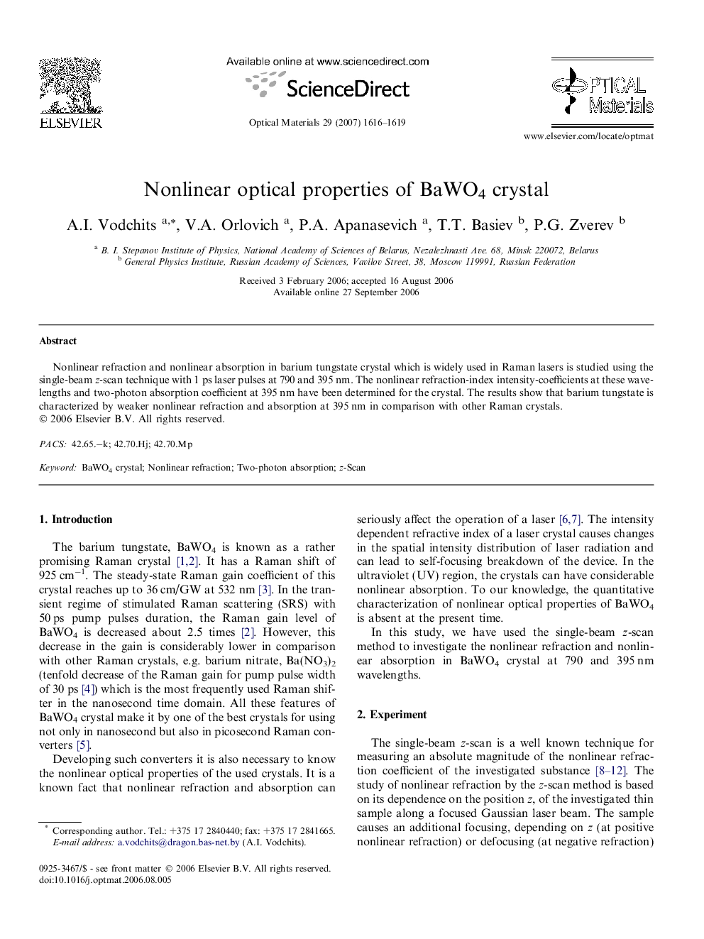 Nonlinear optical properties of BaWO4 crystal