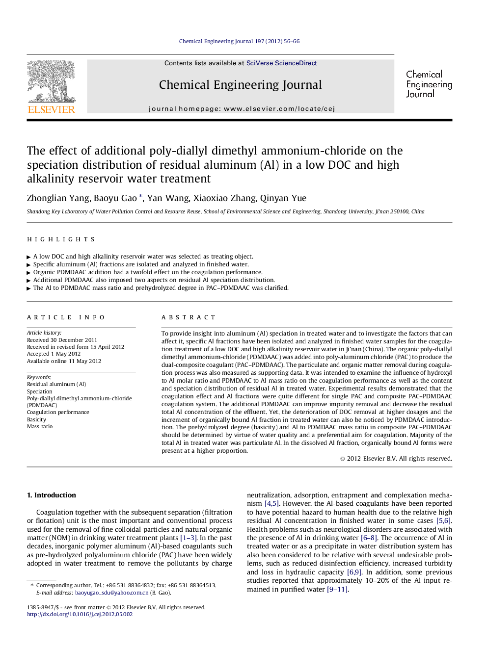 The effect of additional poly-diallyl dimethyl ammonium-chloride on the speciation distribution of residual aluminum (Al) in a low DOC and high alkalinity reservoir water treatment