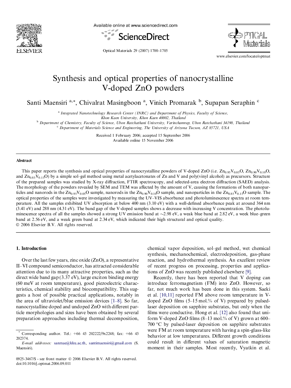 عکس صفحه اول مقاله: Synthesis and optical properties of nanocrystalline V-doped ZnO powders Synthesis and optical properties of nanocrystalline V-doped ZnO powders