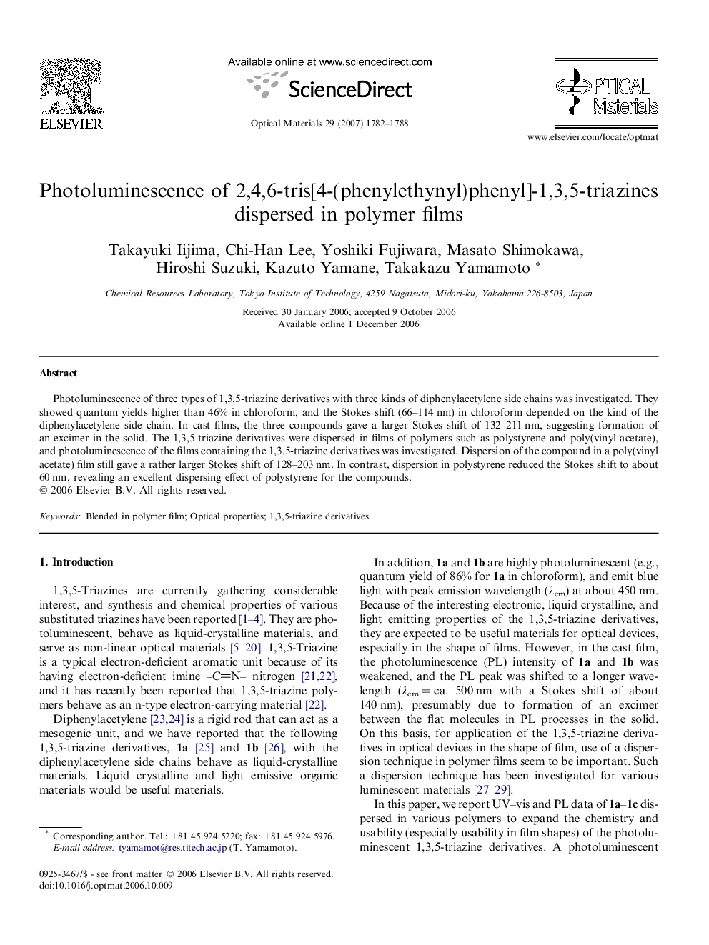 Photoluminescence of 2,4,6-tris[4-(phenylethynyl)phenyl]-1,3,5-triazines dispersed in polymer films