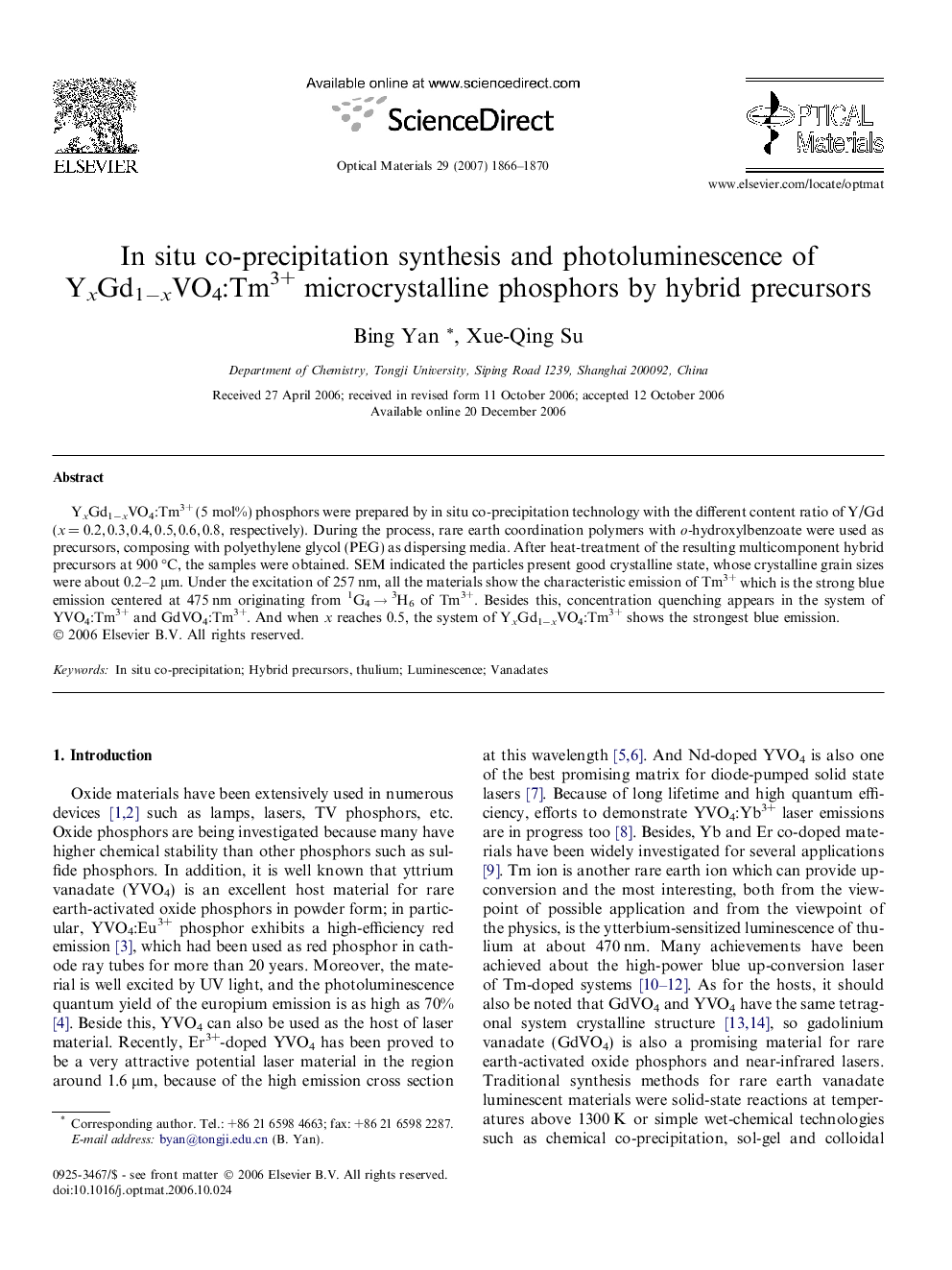 عکس صفحه اول مقاله: In situ co-precipitation synthesis and photoluminescence of YxGd1−xVO4:Tm3+ microcrystalline phosphors by hybrid precursors In situ co-precipitation synthesis and photoluminescence of YxGd1−xVO4:Tm3+ microcrystalline phosphors by hybrid precursors