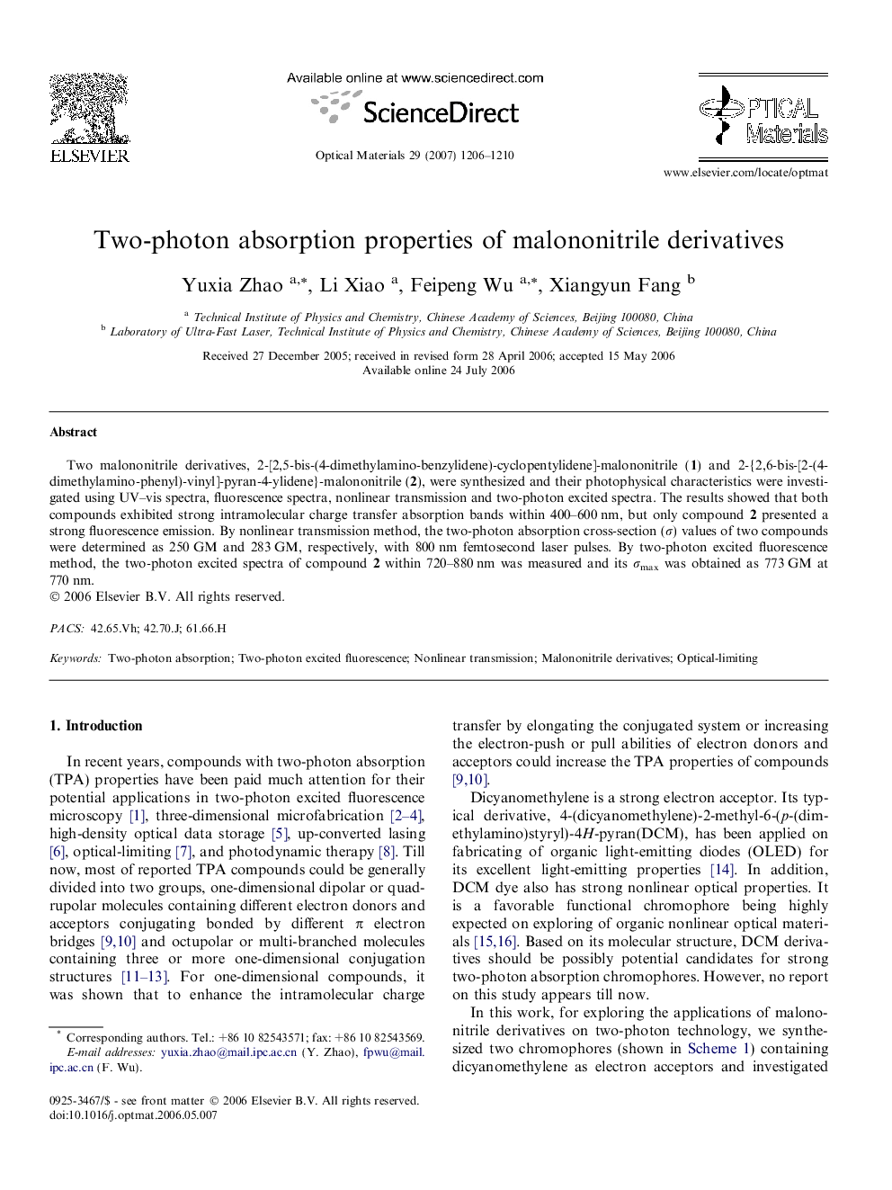 Two-photon absorption properties of malononitrile derivatives