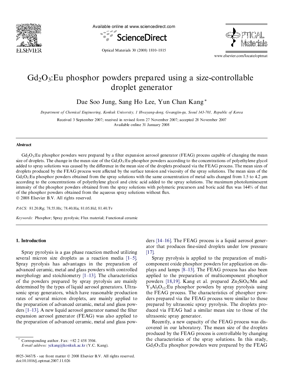 Gd2O3:Eu phosphor powders prepared using a size-controllable droplet generator