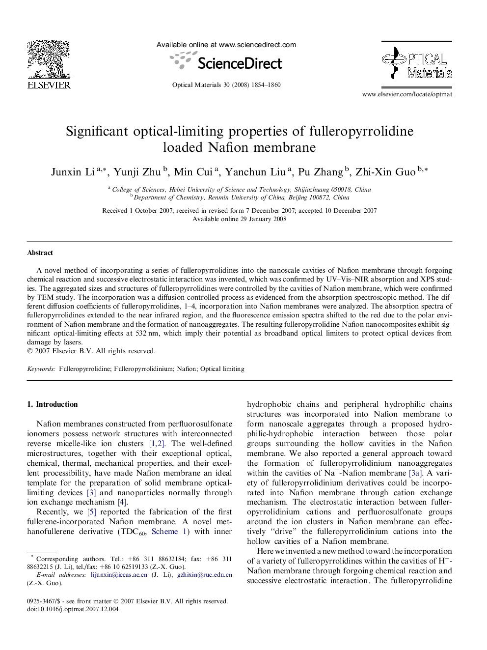 Significant optical-limiting properties of fulleropyrrolidine loaded Nafion membrane