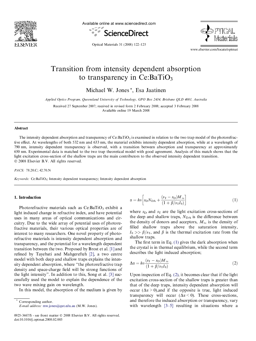 Transition from intensity dependent absorption to transparency in Ce:BaTiO3