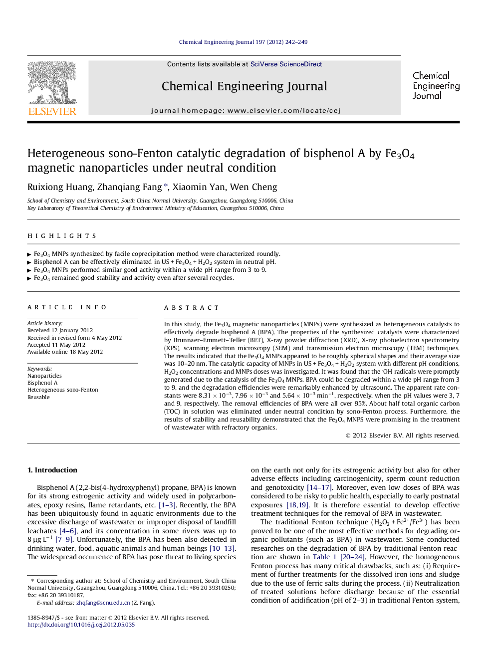 Heterogeneous sono-Fenton catalytic degradation of bisphenol A by Fe3O4 magnetic nanoparticles under neutral condition