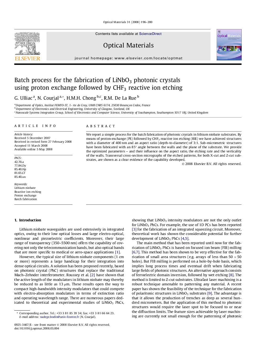 Batch process for the fabrication of LiNbO3 photonic crystals using proton exchange followed by CHF3 reactive ion etching