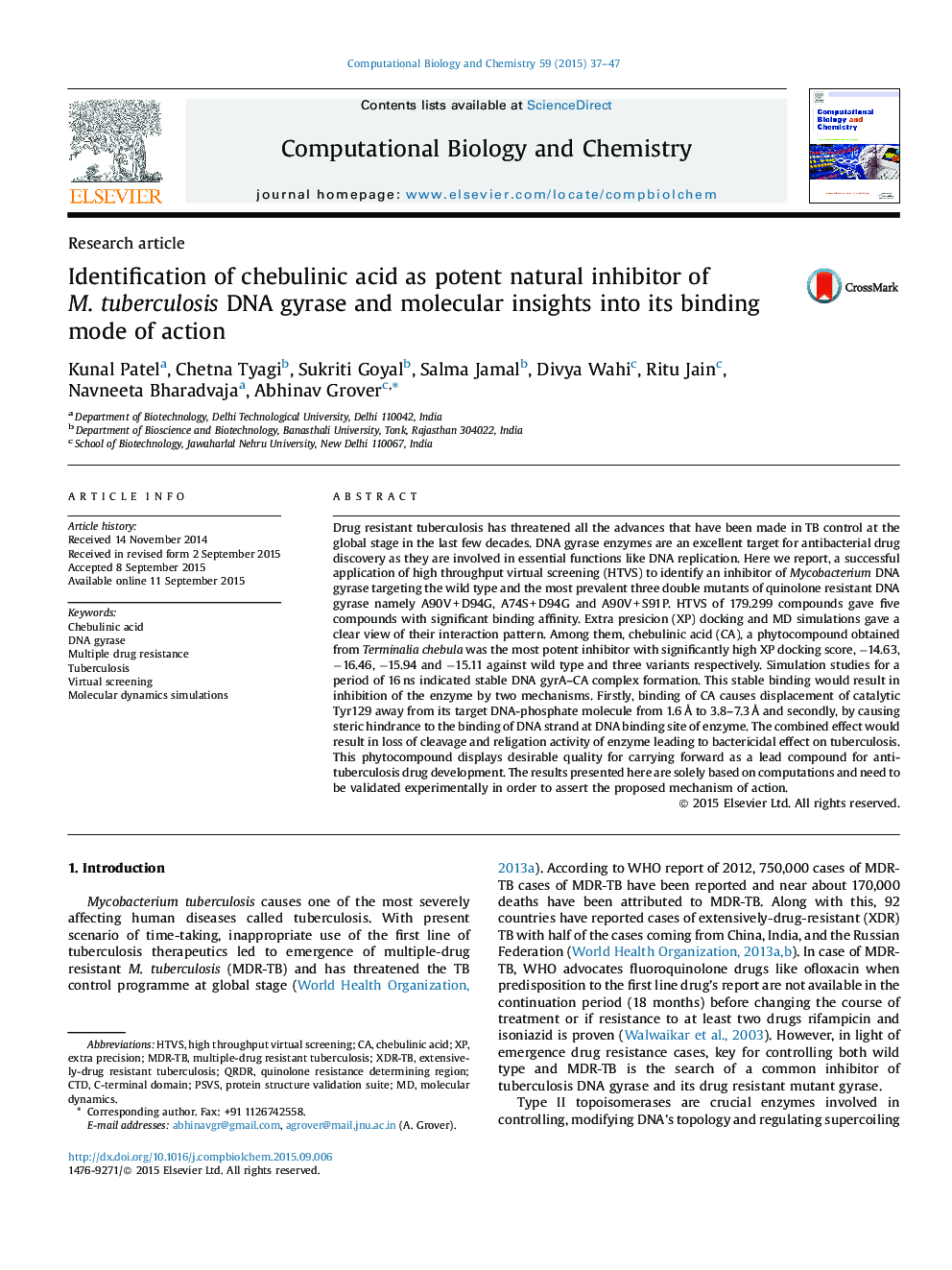 Identification of chebulinic acid as potent natural inhibitor of M. tuberculosis DNA gyrase and molecular insights into its binding mode of action