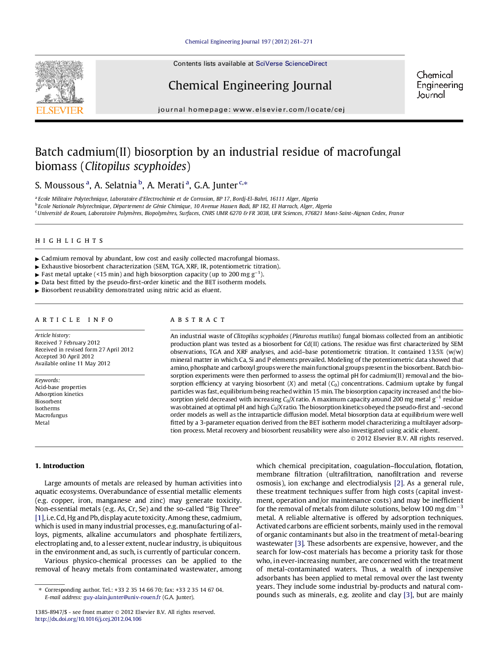 Batch cadmium(II) biosorption by an industrial residue of macrofungal biomass (Clitopilus scyphoides)