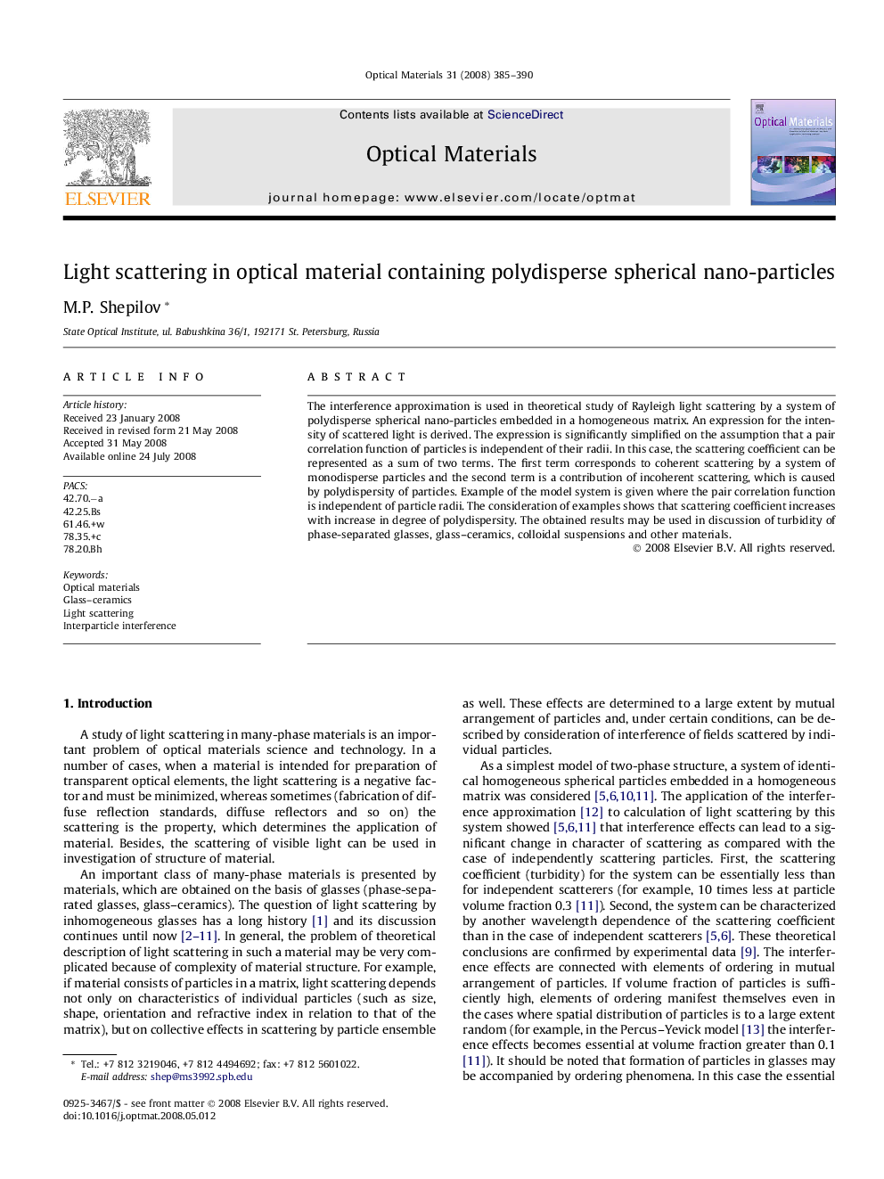 عکس صفحه اول مقاله: Light scattering in optical material containing polydisperse spherical nano-particles Light scattering in optical material containing polydisperse spherical nano-particles