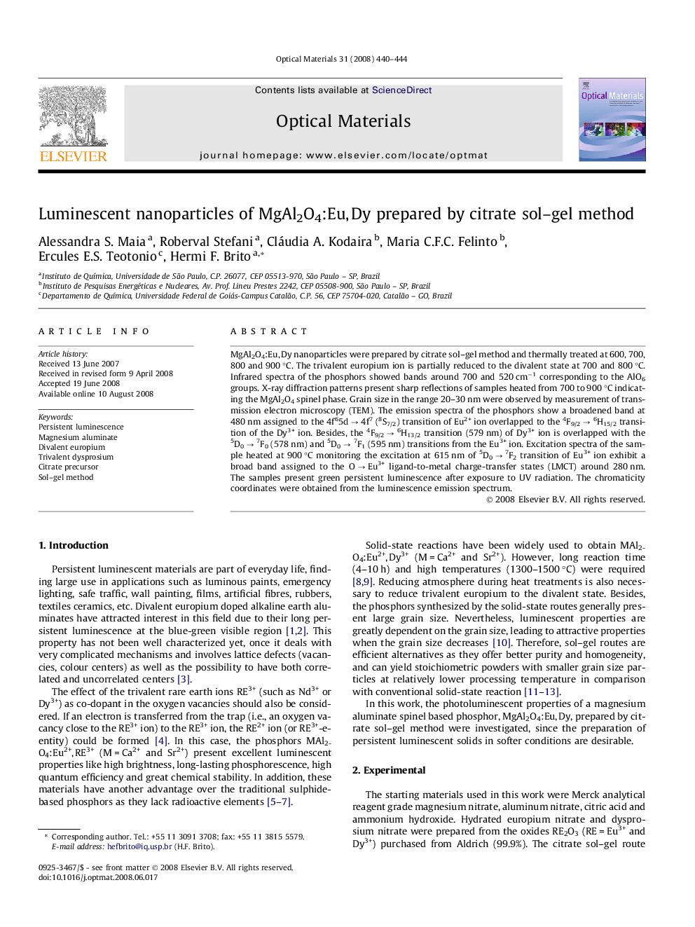 Luminescent nanoparticles of MgAl2O4:Eu, Dy prepared by citrate sol–gel method