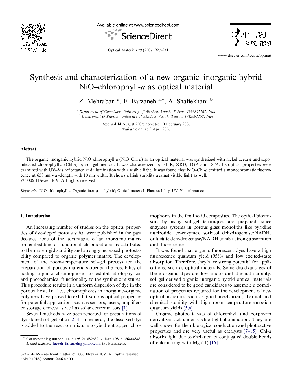 Synthesis and characterization of a new organic-inorganic hybrid NiO-chlorophyll-a as optical material