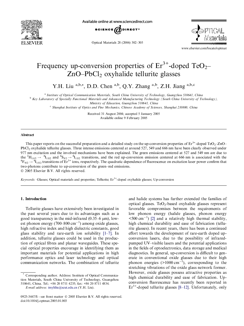 Frequency up-conversion properties of Er3+-doped TeO2-ZnO-PbCl2 oxyhalide tellurite glasses