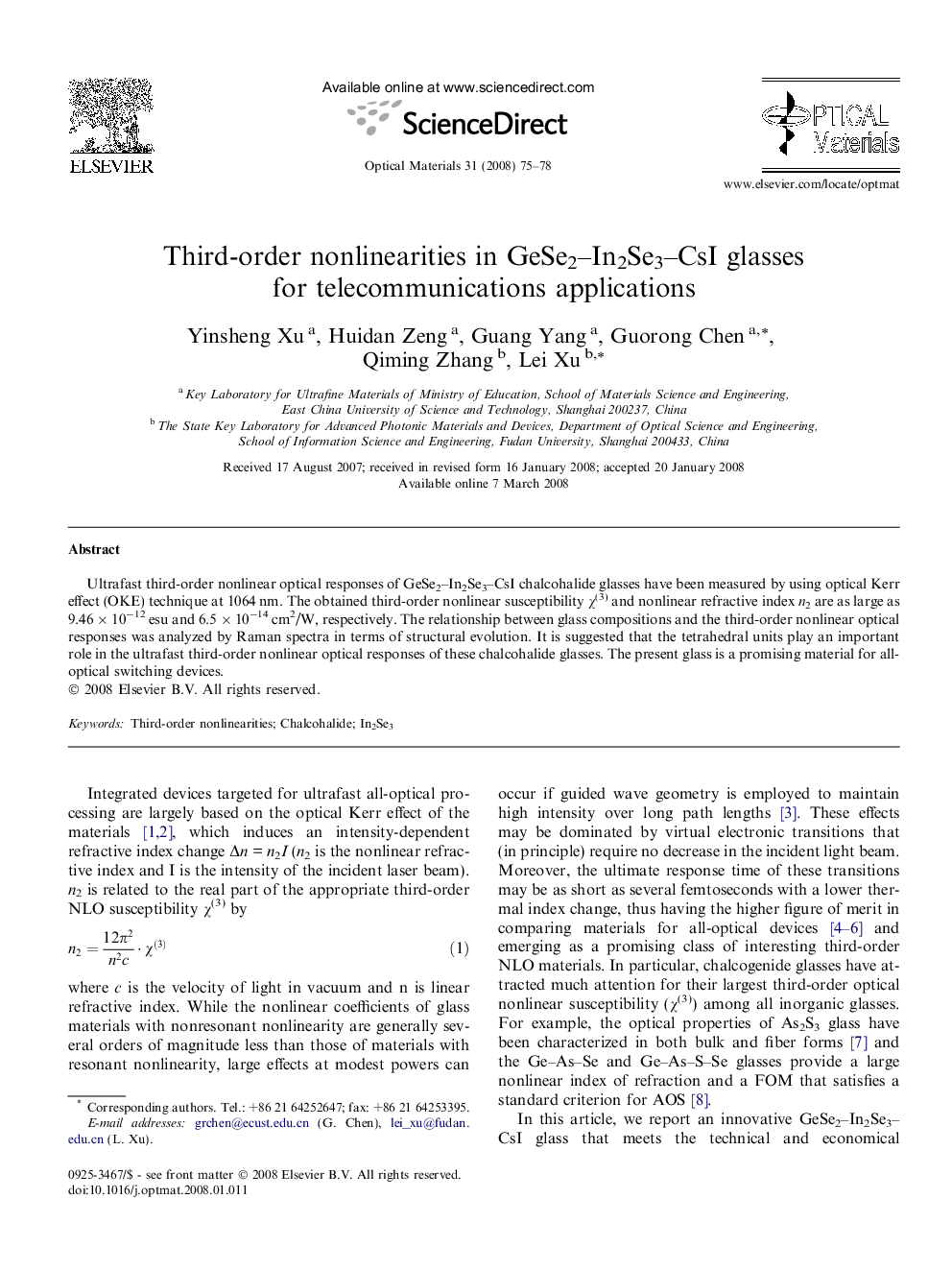 Third-order nonlinearities in GeSe2–In2Se3–CsI glasses for telecommunications applications