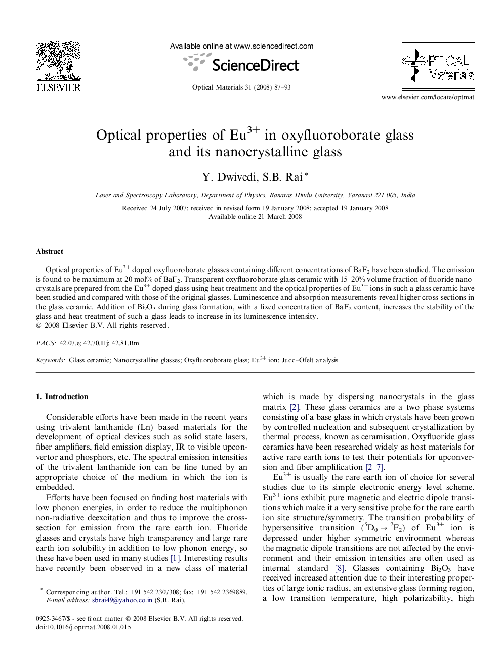 Optical properties of Eu3+ in oxyfluoroborate glass and its nanocrystalline glass