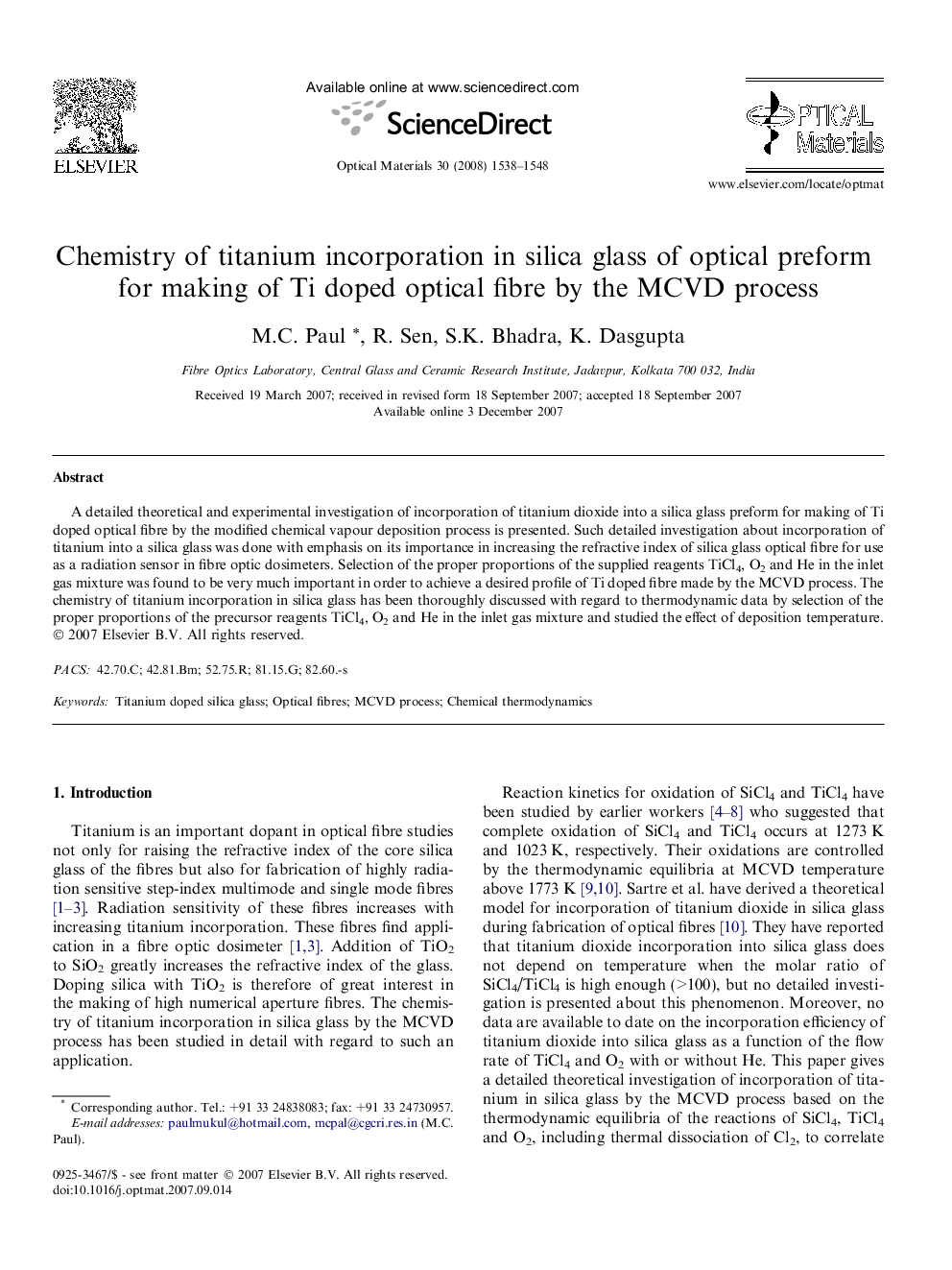 Chemistry of titanium incorporation in silica glass of optical preform for making of Ti doped optical fibre by the MCVD process