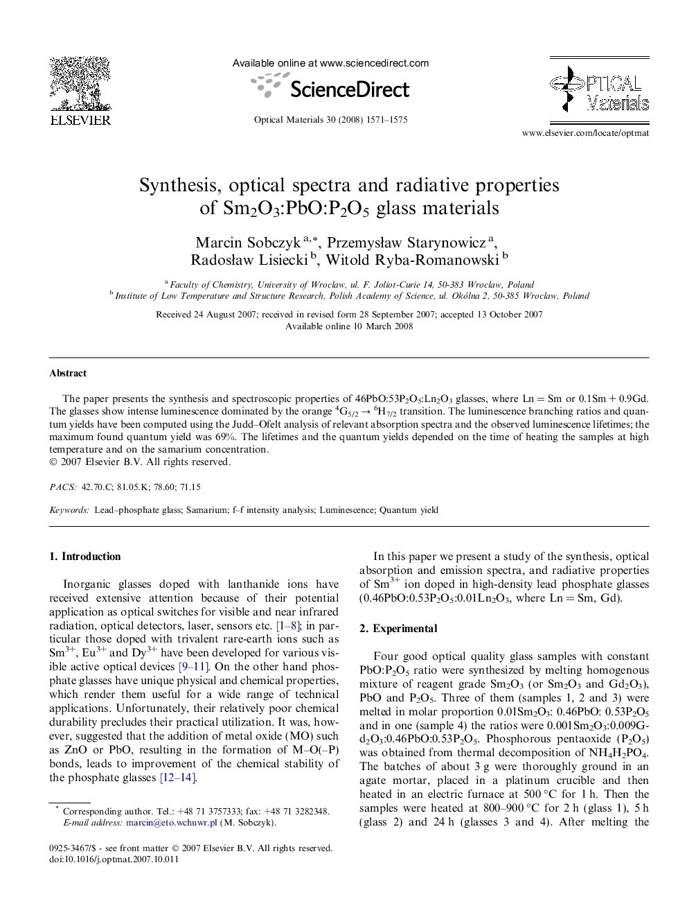 Synthesis, optical spectra and radiative properties of Sm2O3:PbO:P2O5 glass materials