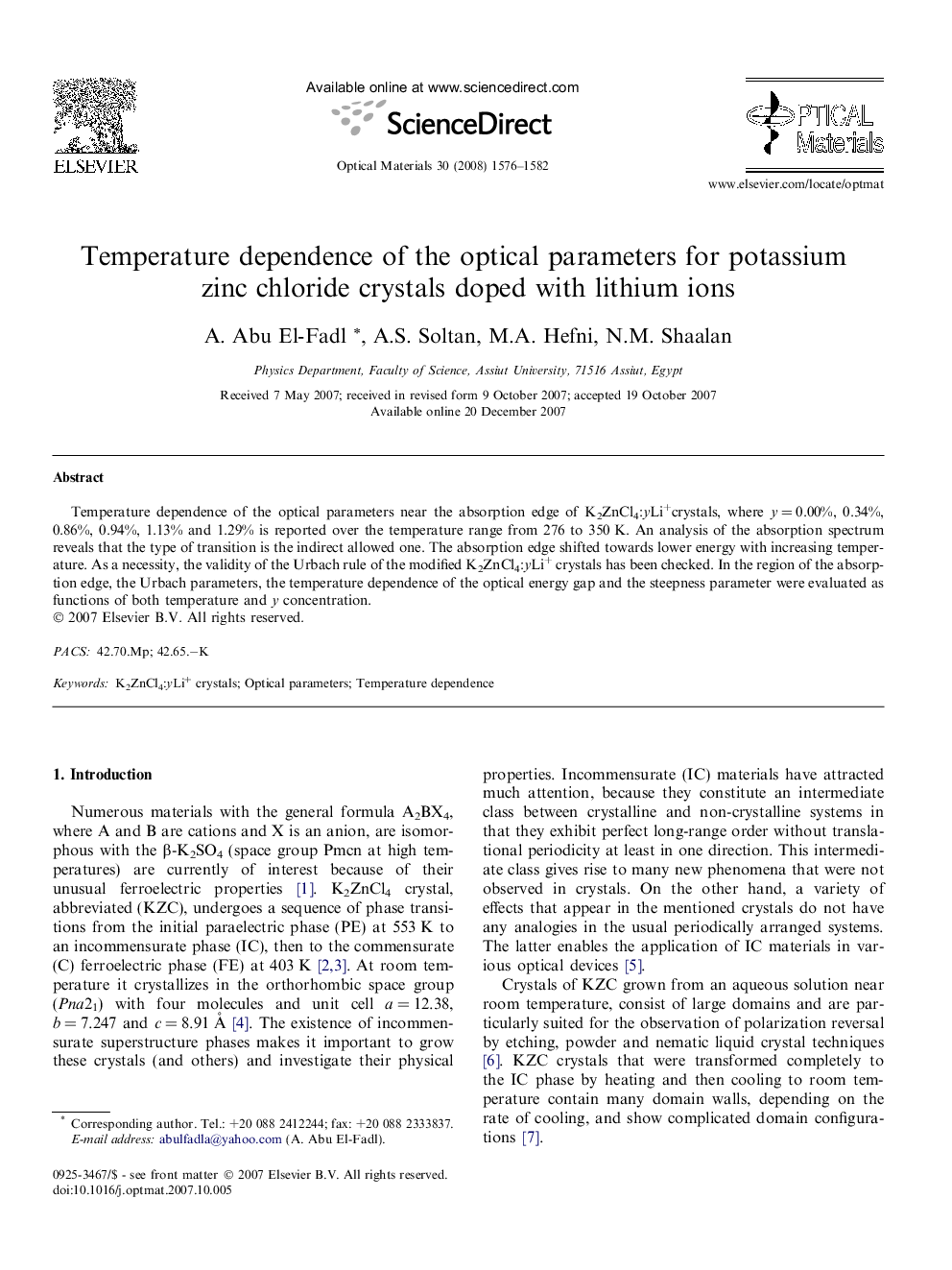 Temperature dependence of the optical parameters for potassium zinc chloride crystals doped with lithium ions