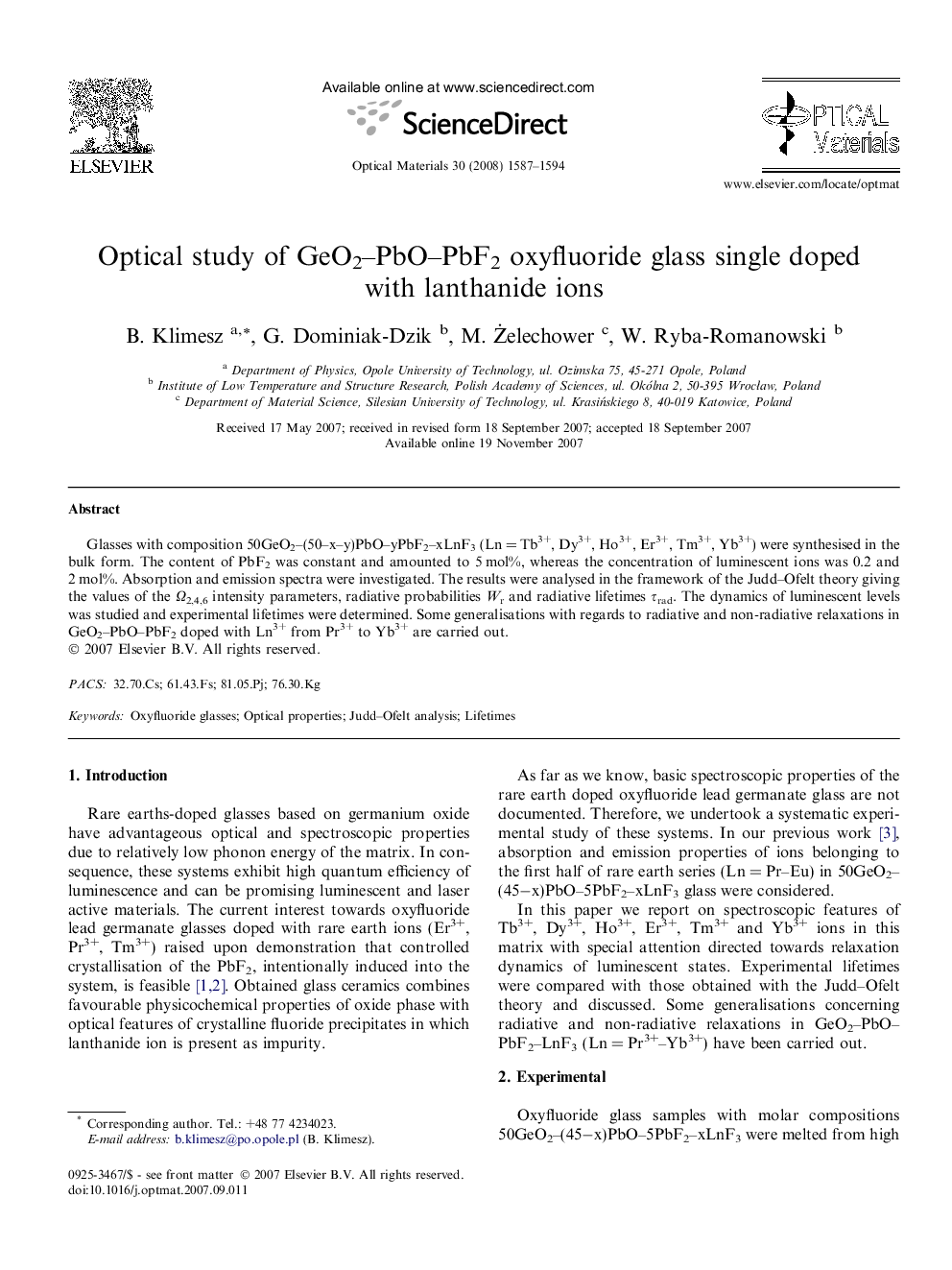 Optical study of GeO2–PbO–PbF2 oxyfluoride glass single doped with lanthanide ions