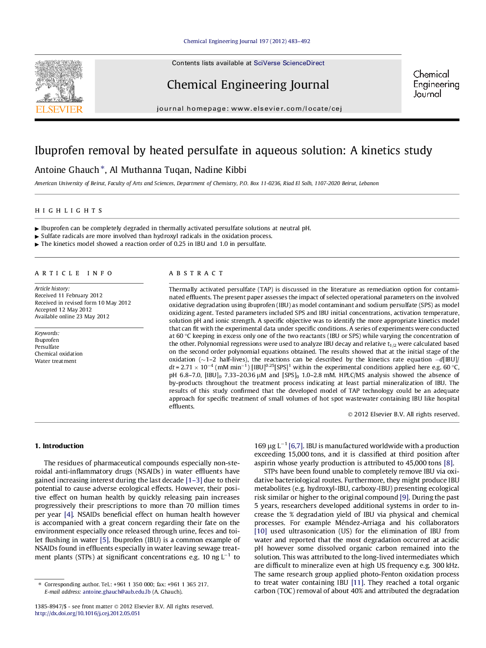 Ibuprofen removal by heated persulfate in aqueous solution: A kinetics study