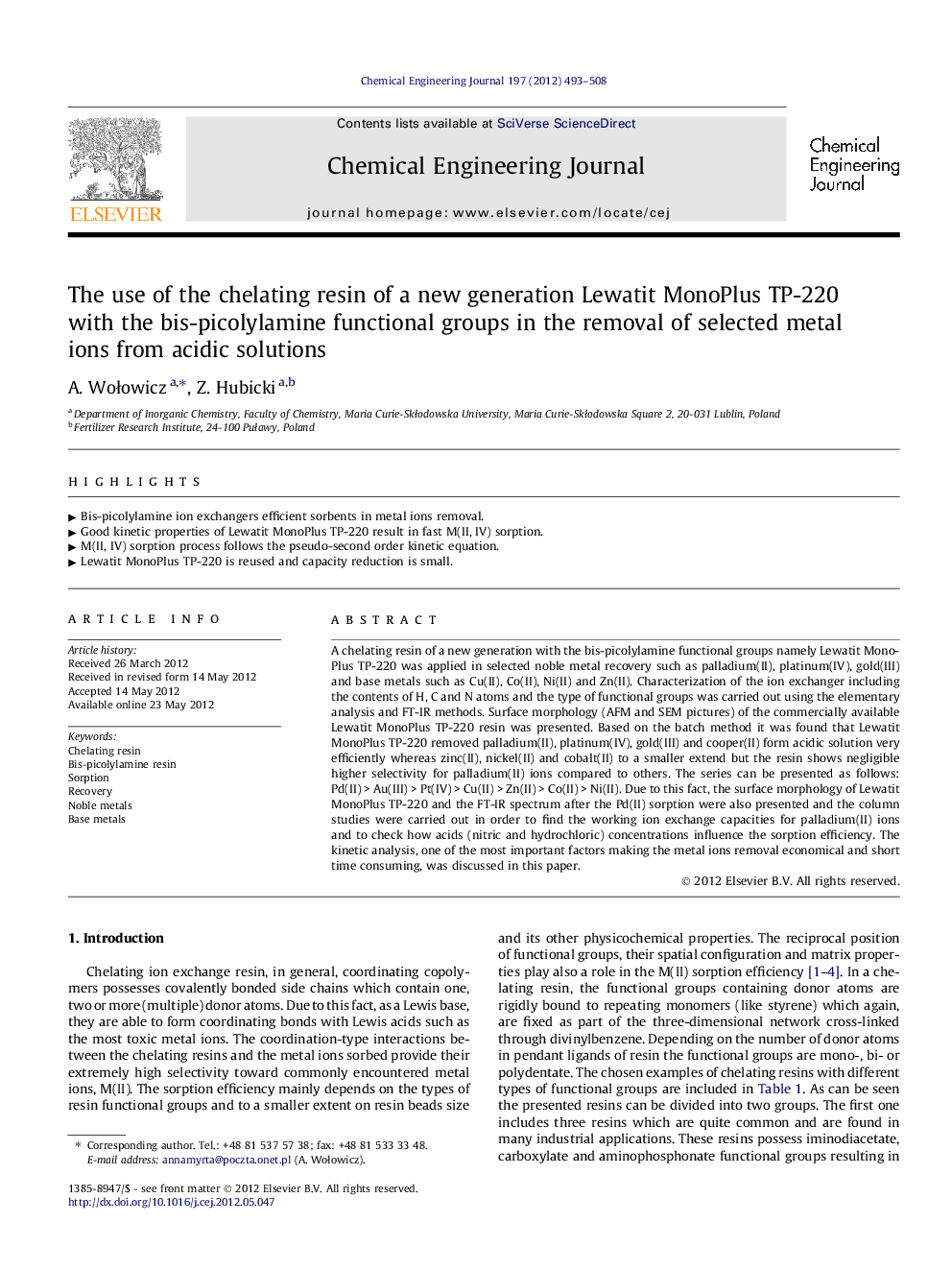 The use of the chelating resin of a new generation Lewatit MonoPlus TP-220 with the bis-picolylamine functional groups in the removal of selected metal ions from acidic solutions