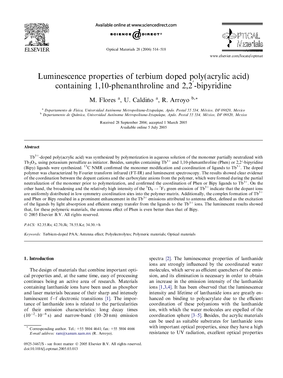 Luminescence properties of terbium doped poly(acrylic acid) containing 1,10-phenanthroline and 2,2â²-bipyridine