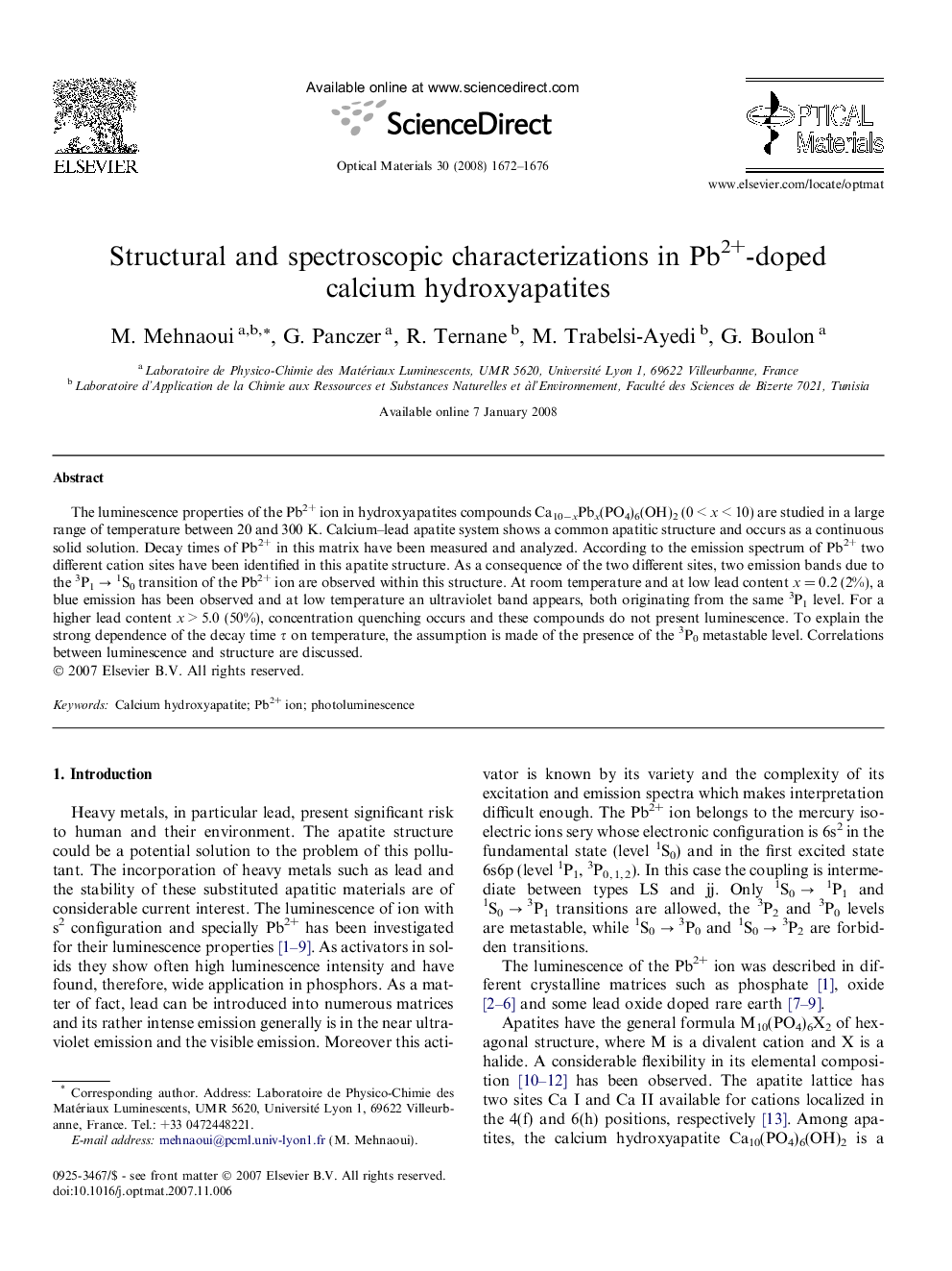 Structural and spectroscopic characterizations in Pb2+-doped calcium hydroxyapatites