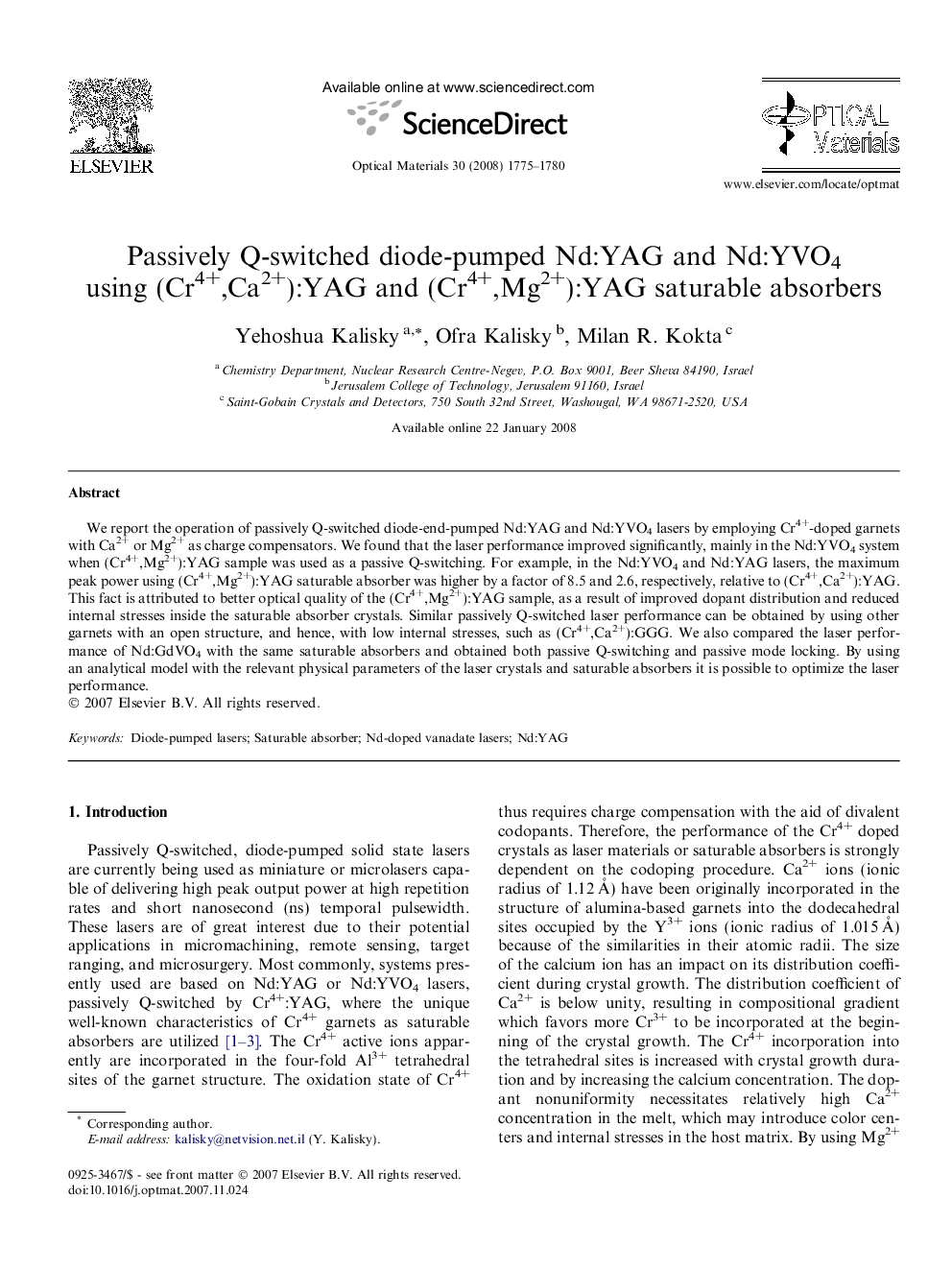 Passively Q-switched diode-pumped Nd:YAG and Nd:YVO4 using (Cr4+,Ca2+):YAG and (Cr4+,Mg2+):YAG saturable absorbers