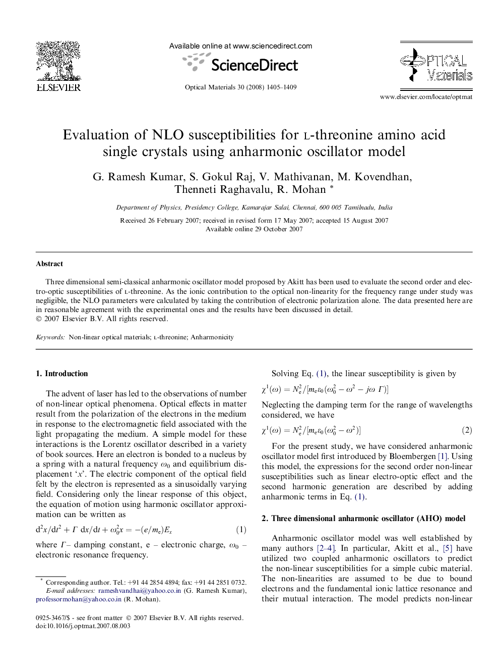 Evaluation of NLO susceptibilities for l-threonine amino acid single crystals using anharmonic oscillator model