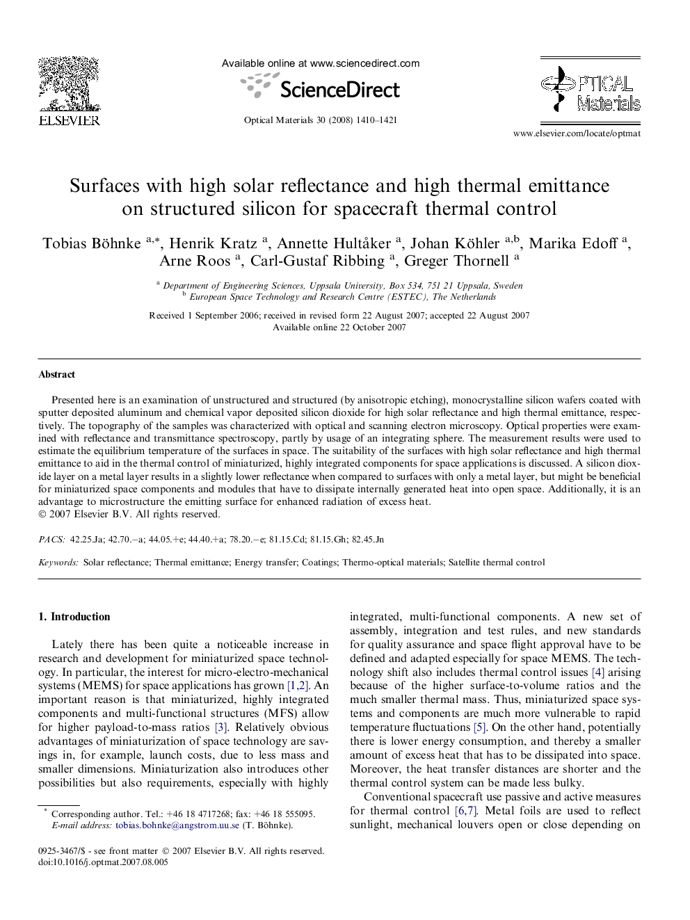 Surfaces with high solar reflectance and high thermal emittance on structured silicon for spacecraft thermal control