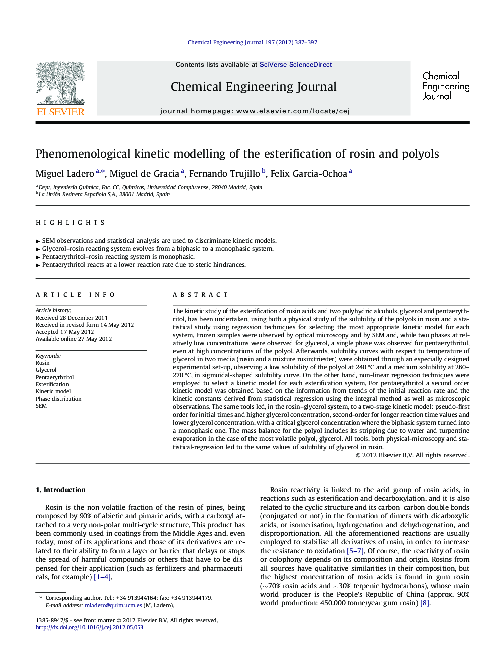 Phenomenological kinetic modelling of the esterification of rosin and polyols