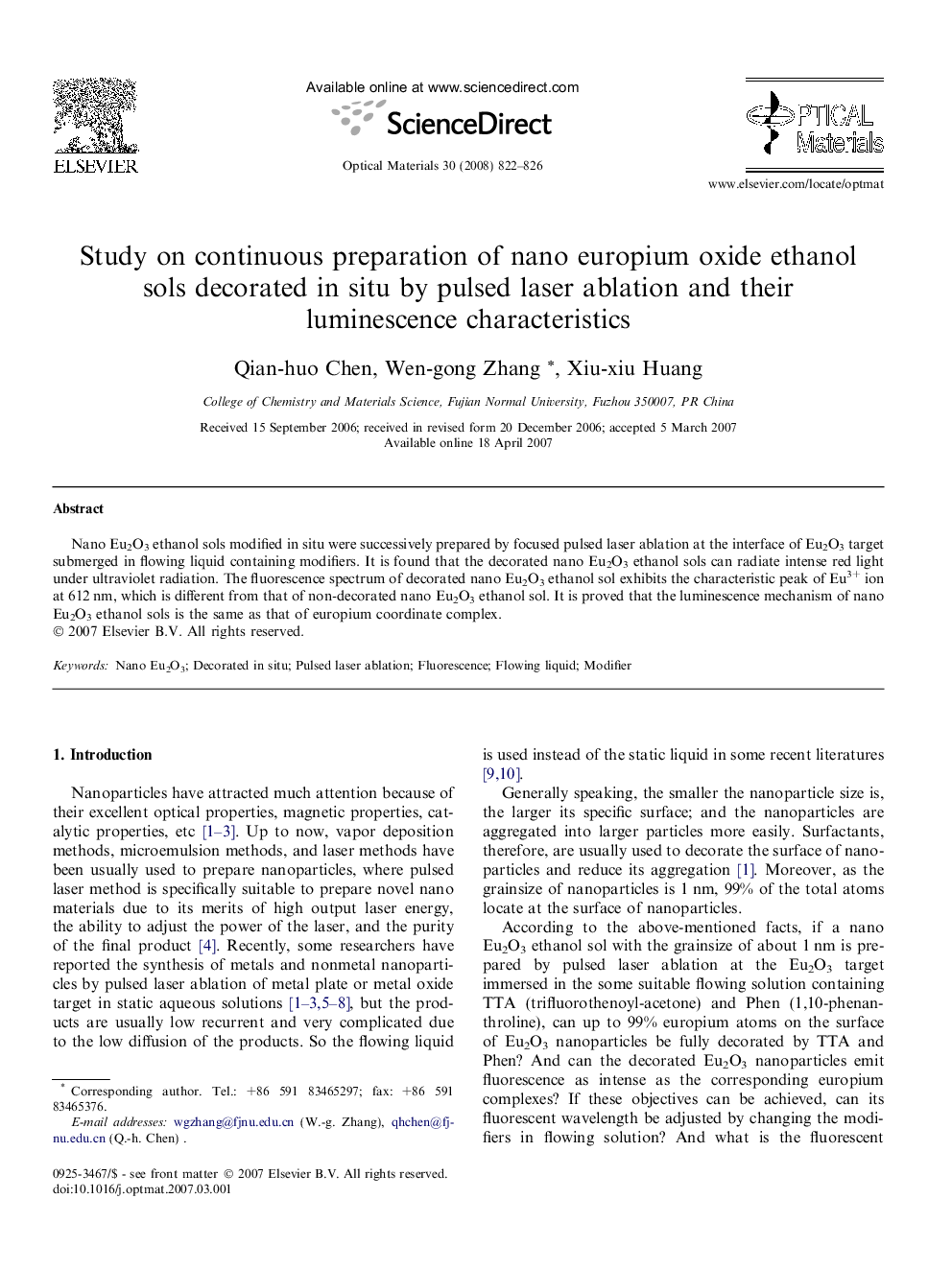 Study on continuous preparation of nano europium oxide ethanol sols decorated in situ by pulsed laser ablation and their luminescence characteristics