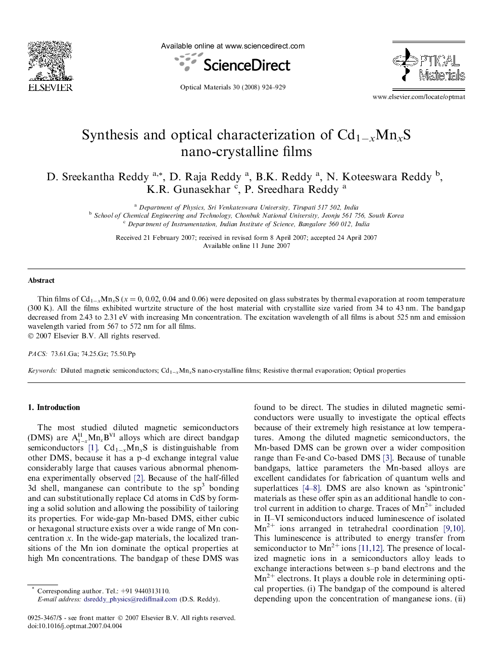 Synthesis and optical characterization of Cd1âxMnxS nano-crystalline films