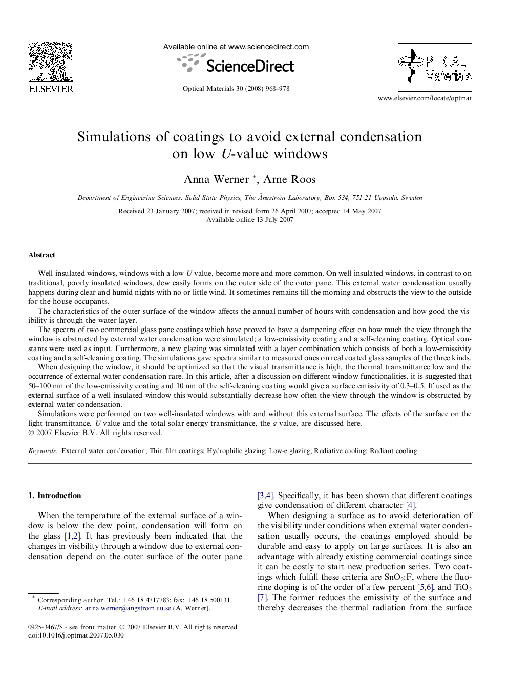 Simulations of coatings to avoid external condensation on low U-value windows