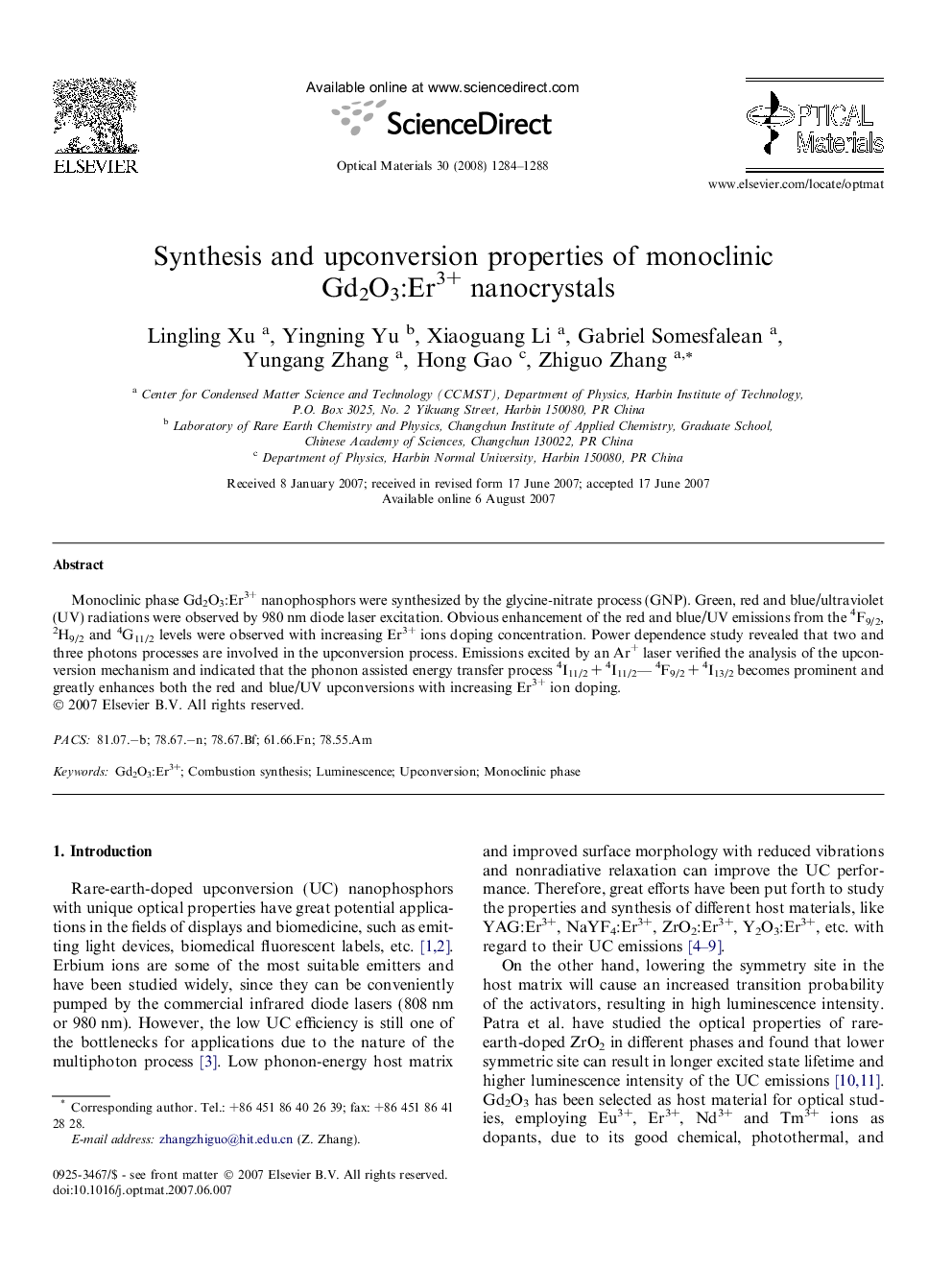 Synthesis and upconversion properties of monoclinic Gd2O3:Er3+ nanocrystals