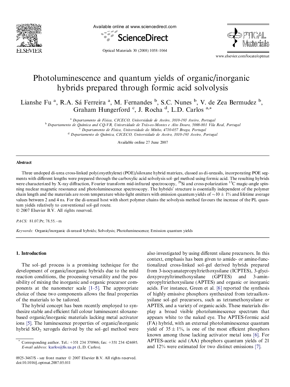 Photoluminescence and quantum yields of organic/inorganic hybrids prepared through formic acid solvolysis