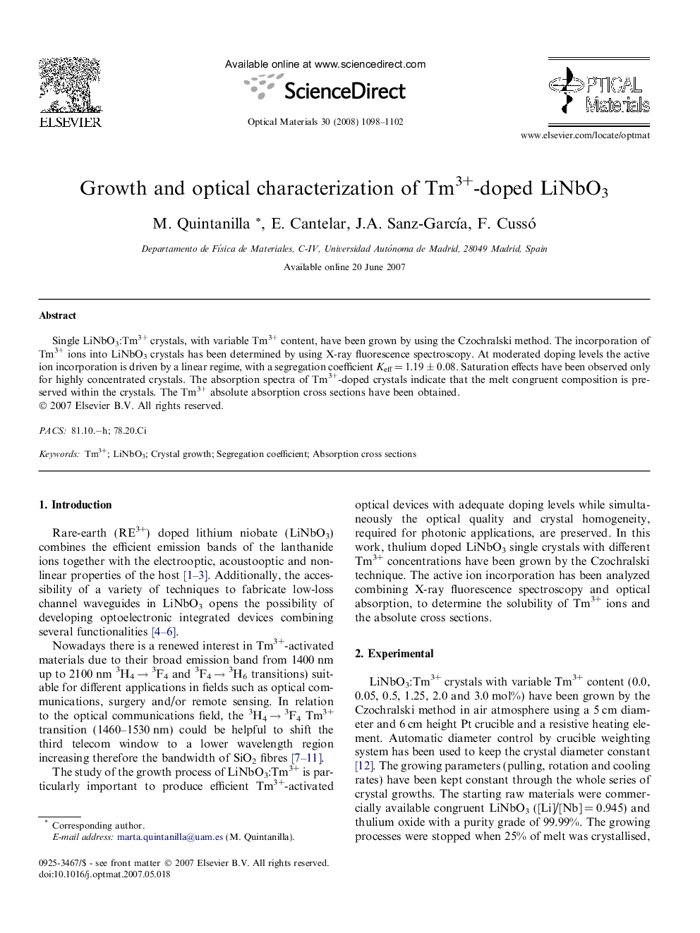 Growth and optical characterization of Tm3+-doped LiNbO3