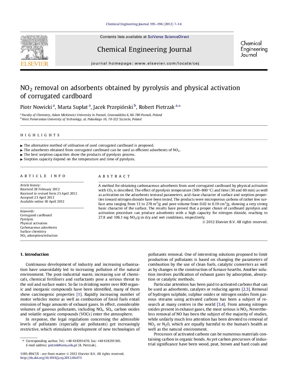 NO2 removal on adsorbents obtained by pyrolysis and physical activation of corrugated cardboard