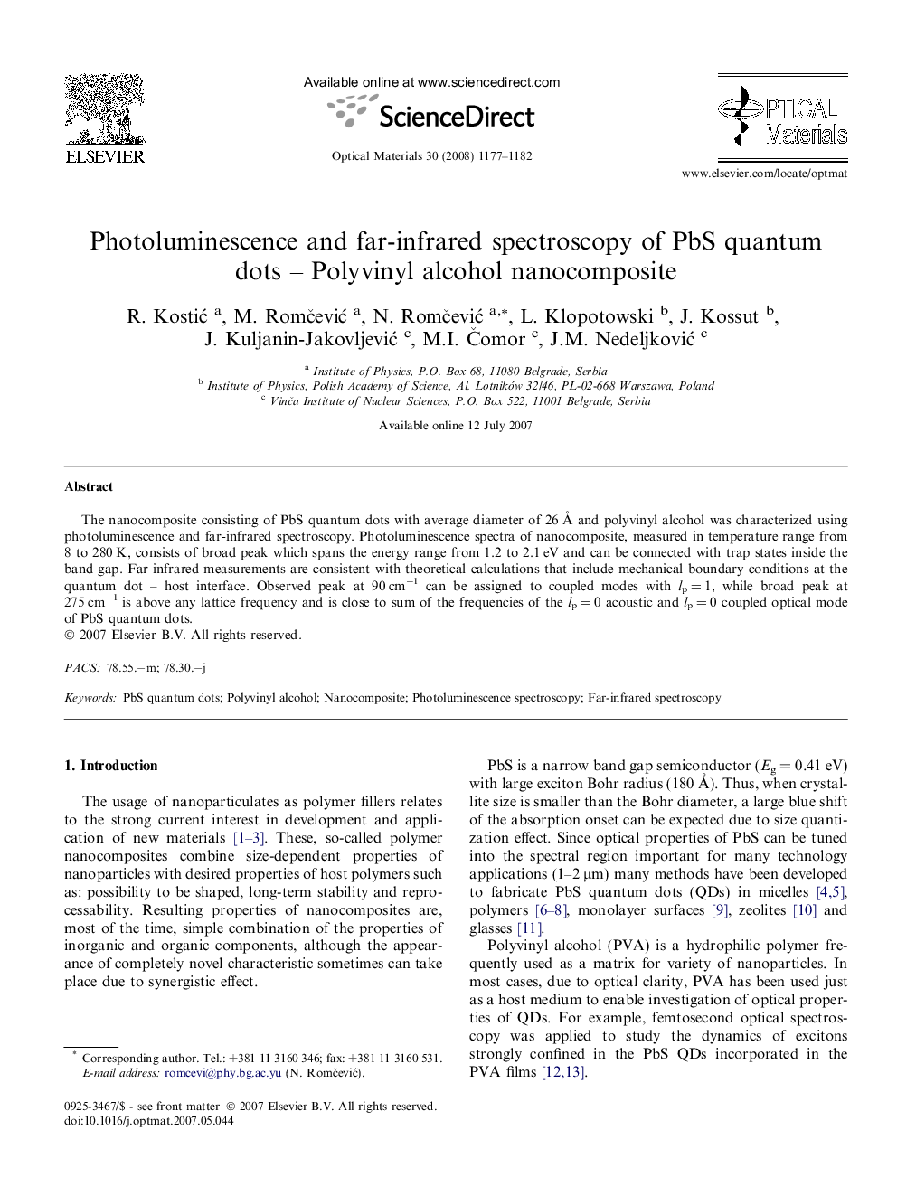 Photoluminescence and far-infrared spectroscopy of PbS quantum dots – Polyvinyl alcohol nanocomposite