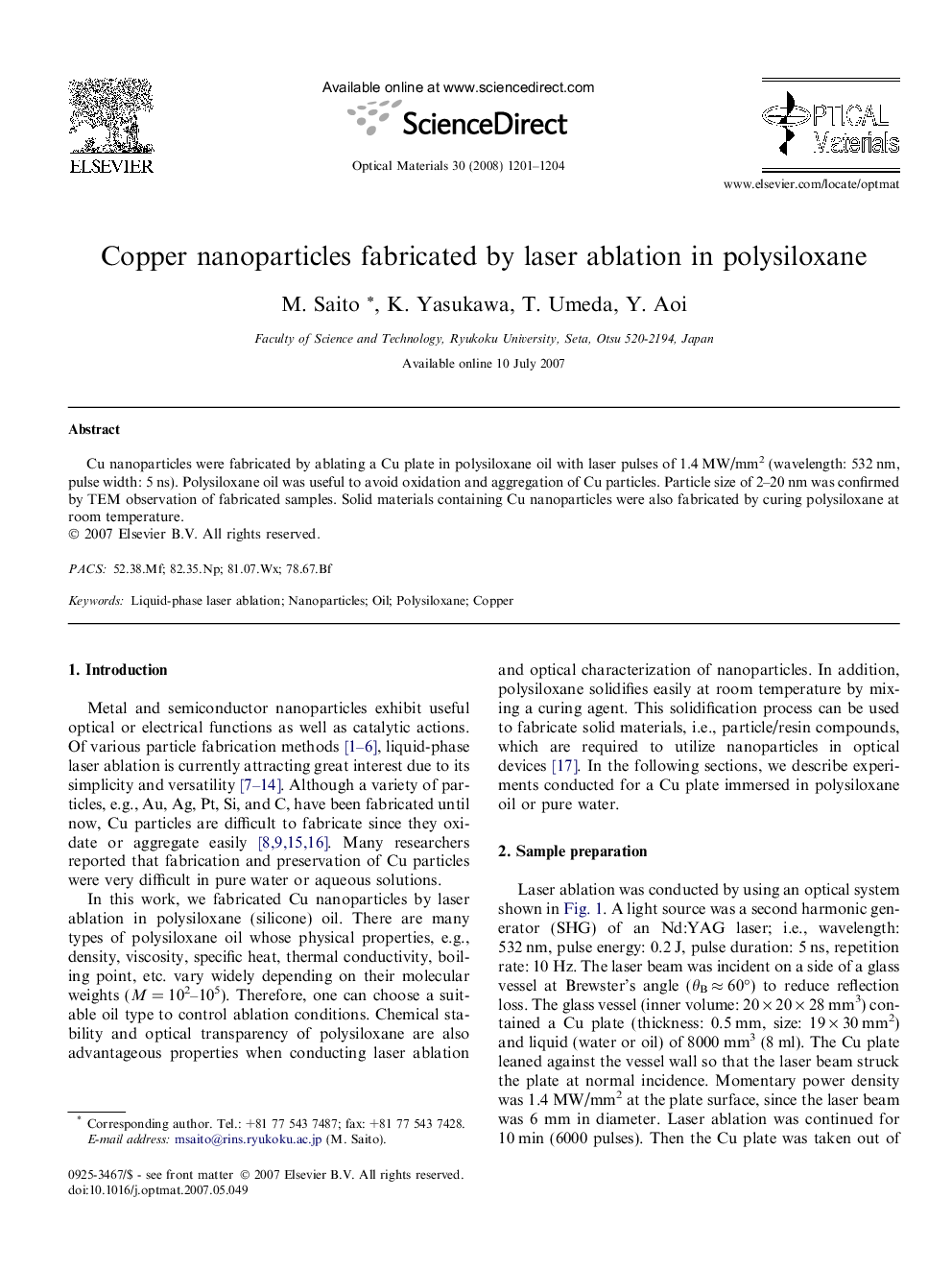 Copper nanoparticles fabricated by laser ablation in polysiloxane