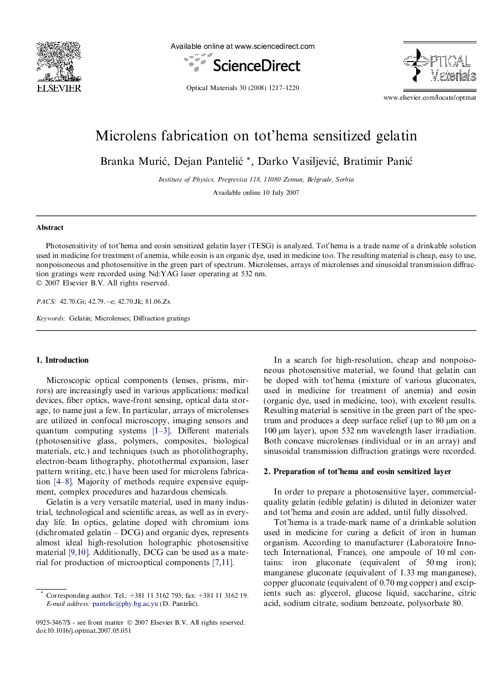 Microlens fabrication on tot'hema sensitized gelatin