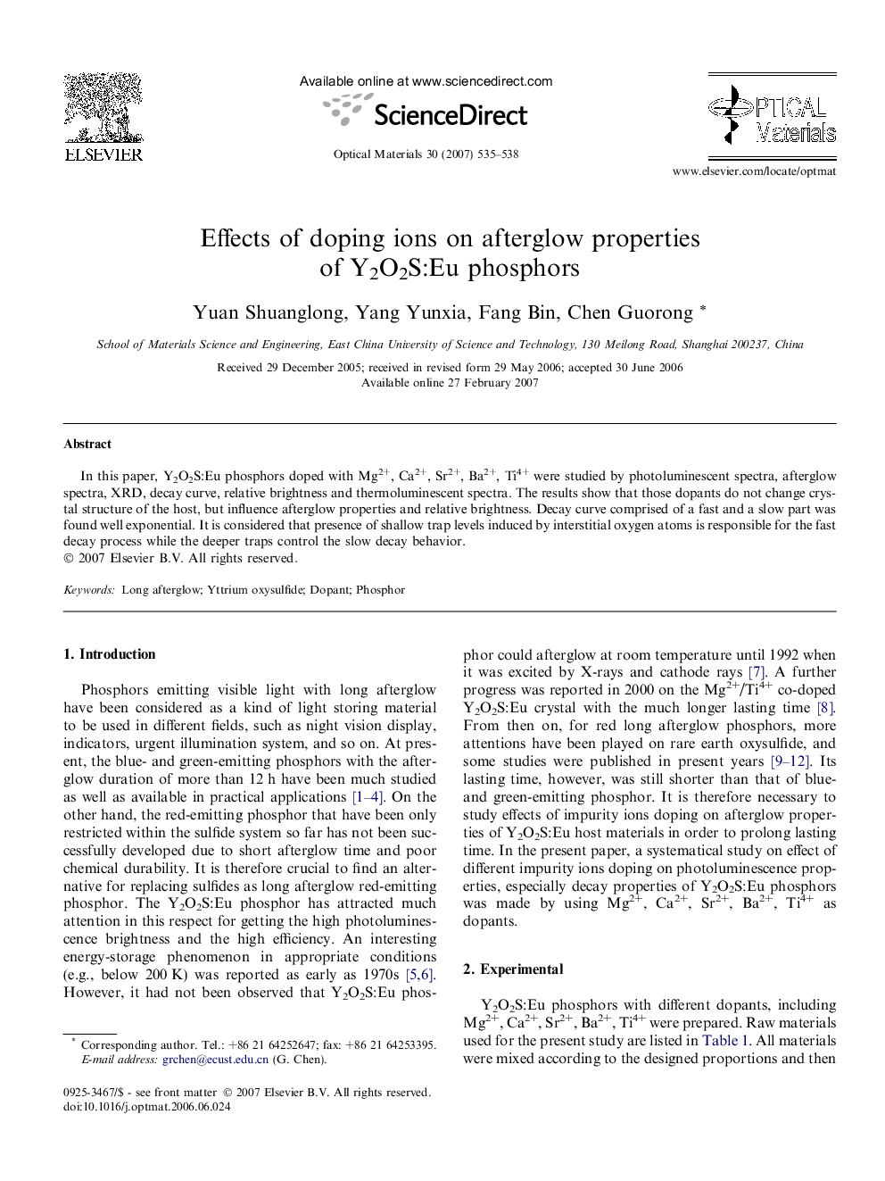 عکس صفحه اول مقاله: Effects of doping ions on afterglow properties of Y2O2S:Eu phosphors Effects of doping ions on afterglow properties of Y2O2S:Eu phosphors