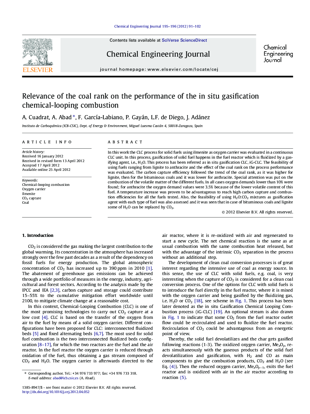 Relevance of the coal rank on the performance of the in situ gasification chemical-looping combustion