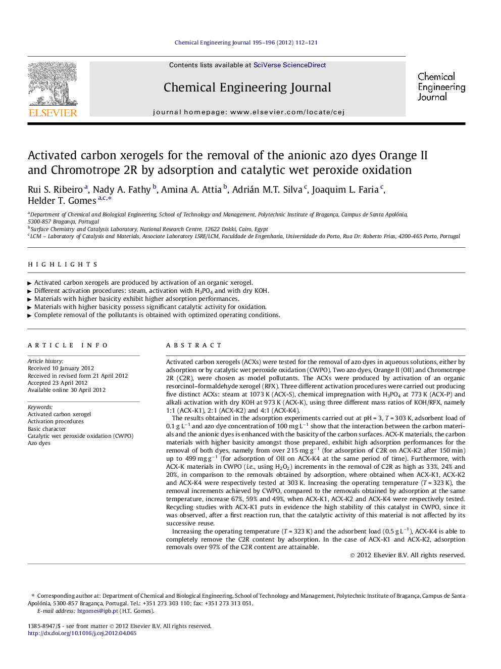 Activated carbon xerogels for the removal of the anionic azo dyes Orange II and Chromotrope 2R by adsorption and catalytic wet peroxide oxidation