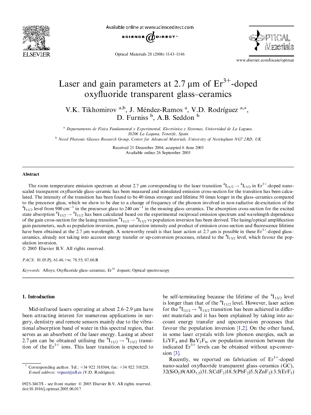 Laser and gain parameters at 2.7 μm of Er3+-doped oxyfluoride transparent glass–ceramics