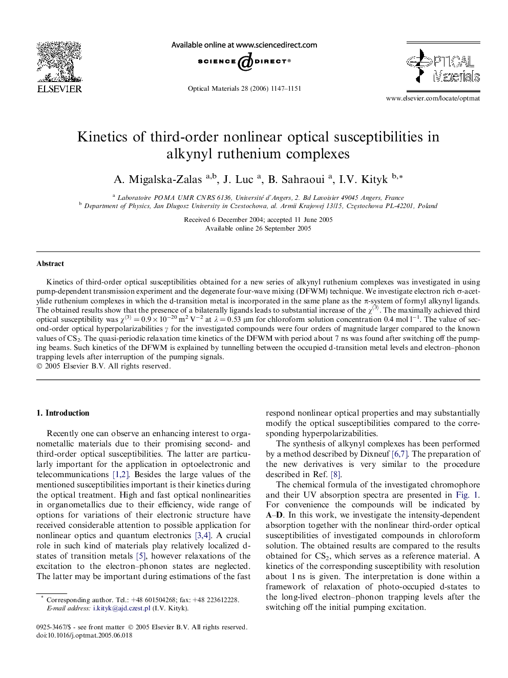 عکس صفحه اول مقاله: Kinetics of third-order nonlinear optical susceptibilities in alkynyl ruthenium complexes Kinetics of third-order nonlinear optical susceptibilities in alkynyl ruthenium complexes